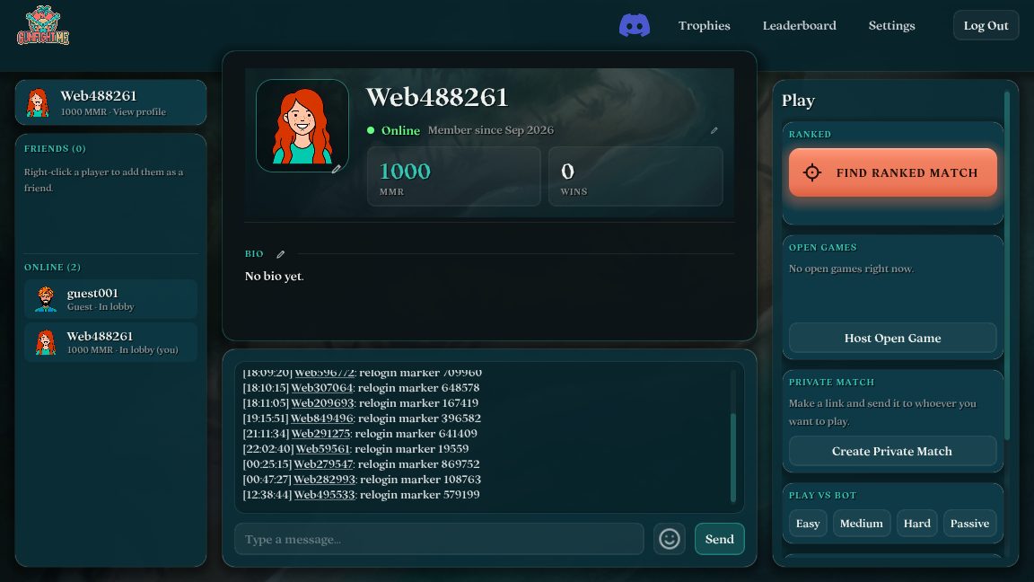 The Gunfight.me lobby: profile card, chat, and the ranked queue