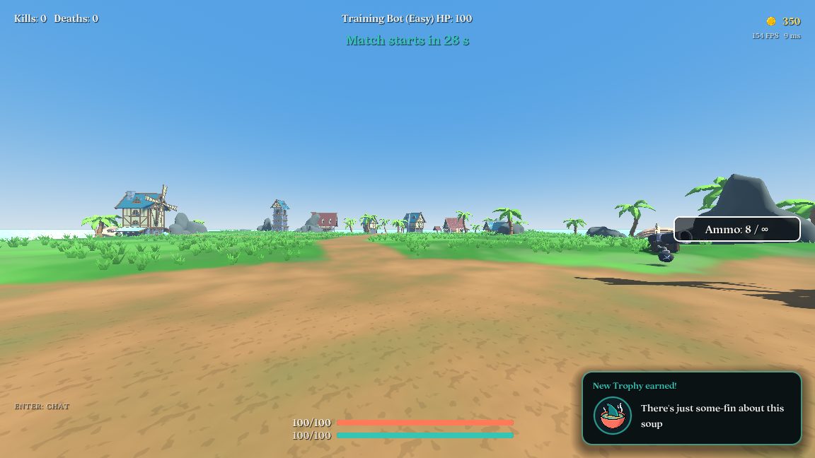 A match on Gunfight.me: first-person view of the island with the weapon drawn
